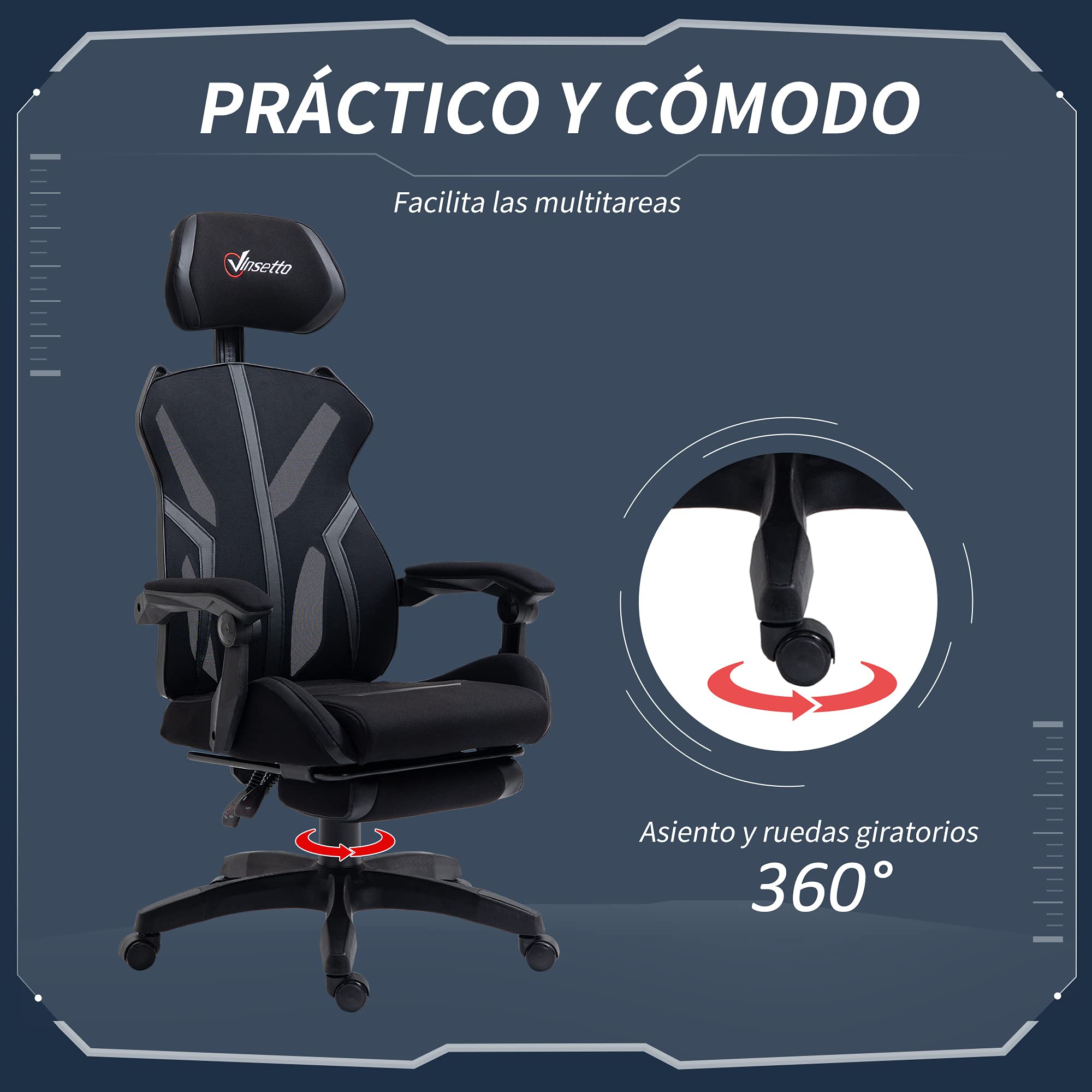Vinsetto Silla Gaming con Reposapiés Retráctil 65x65x119-129 cm Negro | Silla de Oficina Giratoria Reclinable, con Reposacabezas, Altura Ajustable