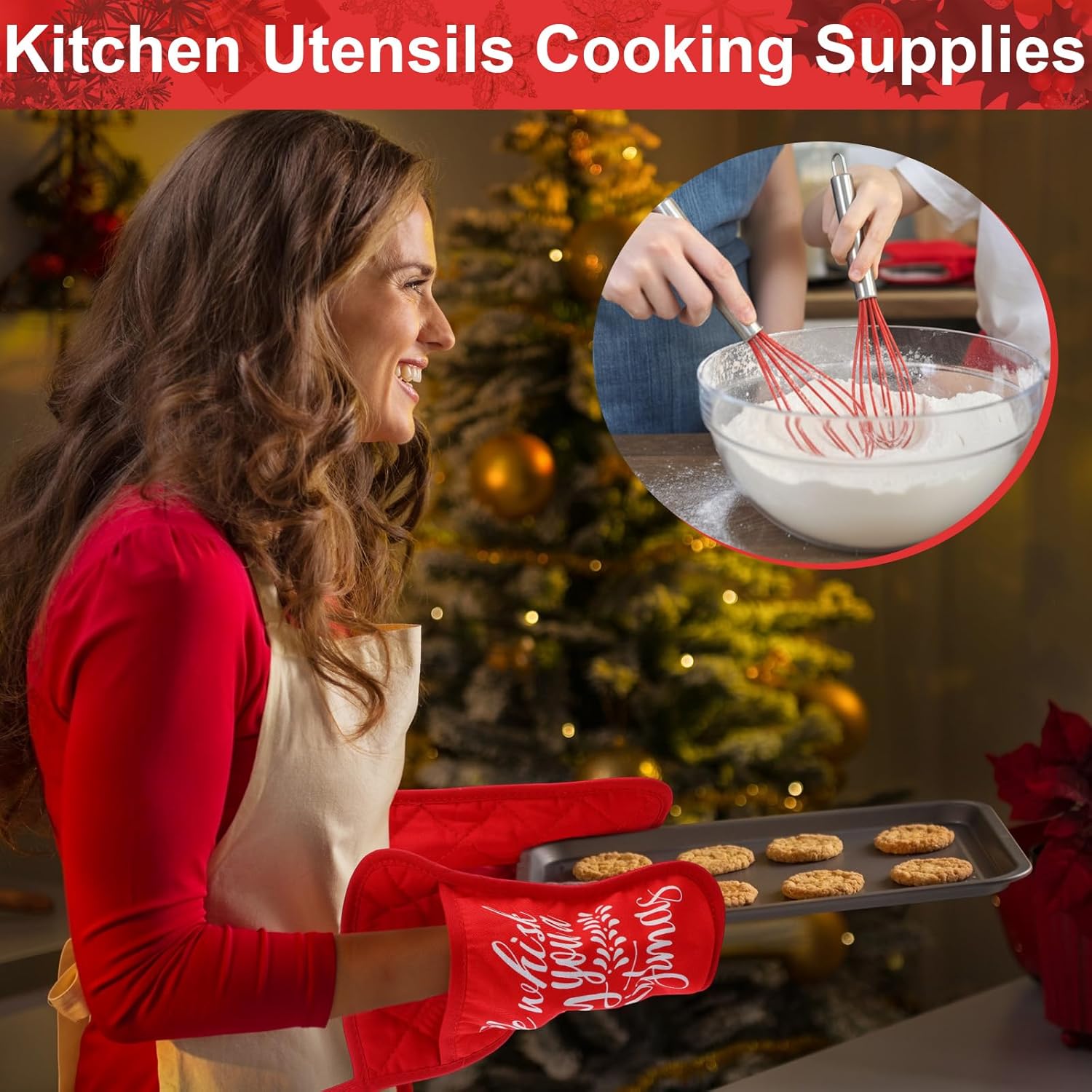 LemonRoad 12 Sets Christmas Whisk Baking Gift Set Xmas Silicone Whisks Oven Mitt Pot Holder Greeting Cards Ribbon Bags for Holiday Kitchen Utensils Cooking Supplies Neighbor Gift(Classic,Red)