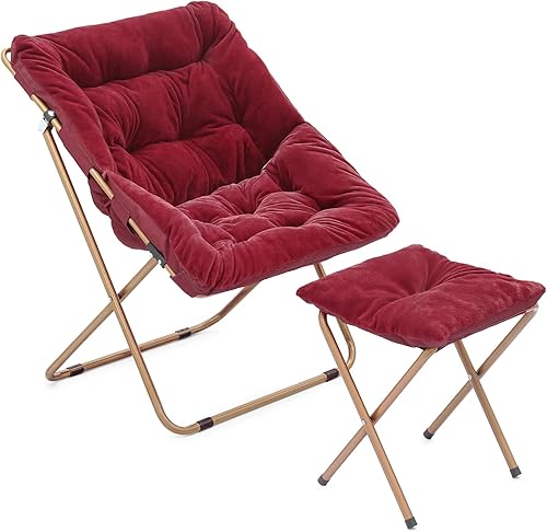 Miniatura 46 de Magshion Silla platillo plegable con otomana para adultos, cómodo asiento de lectura, asiento de piel sintética con marco de metal acolchado grueso