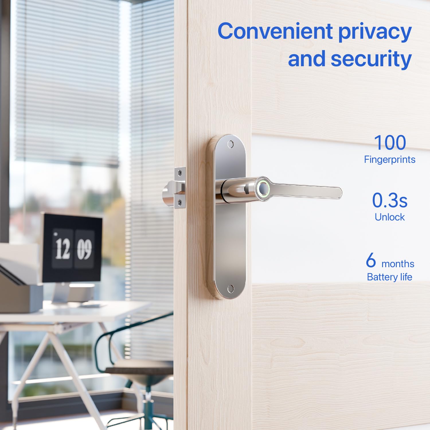 Blusafe Breeze - Pomo de puerta de entrada sin llave con huella dactilar, para el hogar, hotel, oficina, apartamento, dormitorio (placa larga Breeze (cromo satinado)