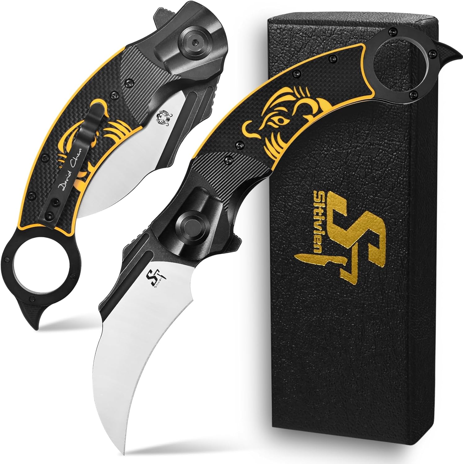 Sitivien ST164 Folding Pocket Knife,AUS-10 Steel Blade,Steel Head CNC Precision Carving+G10 Handle EDC Tool Knife for Outdoor Survival Camping Hiking Fishing(Yellow)