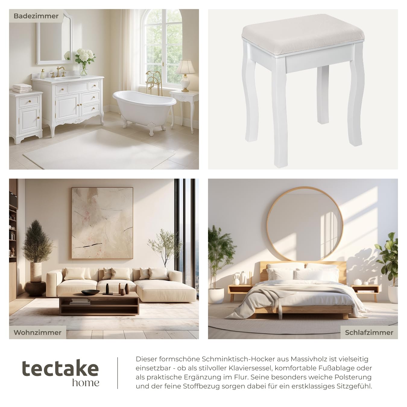 tectake® Schminkhocker, Schminktisch Stuhl, Hocker als Schminktisch Zubehör oder Klavierhocker, Schminkstuhl für Dressing Table, Vanity Table, Vintage Deko Aesthetic - 40x30x51cm, weiß