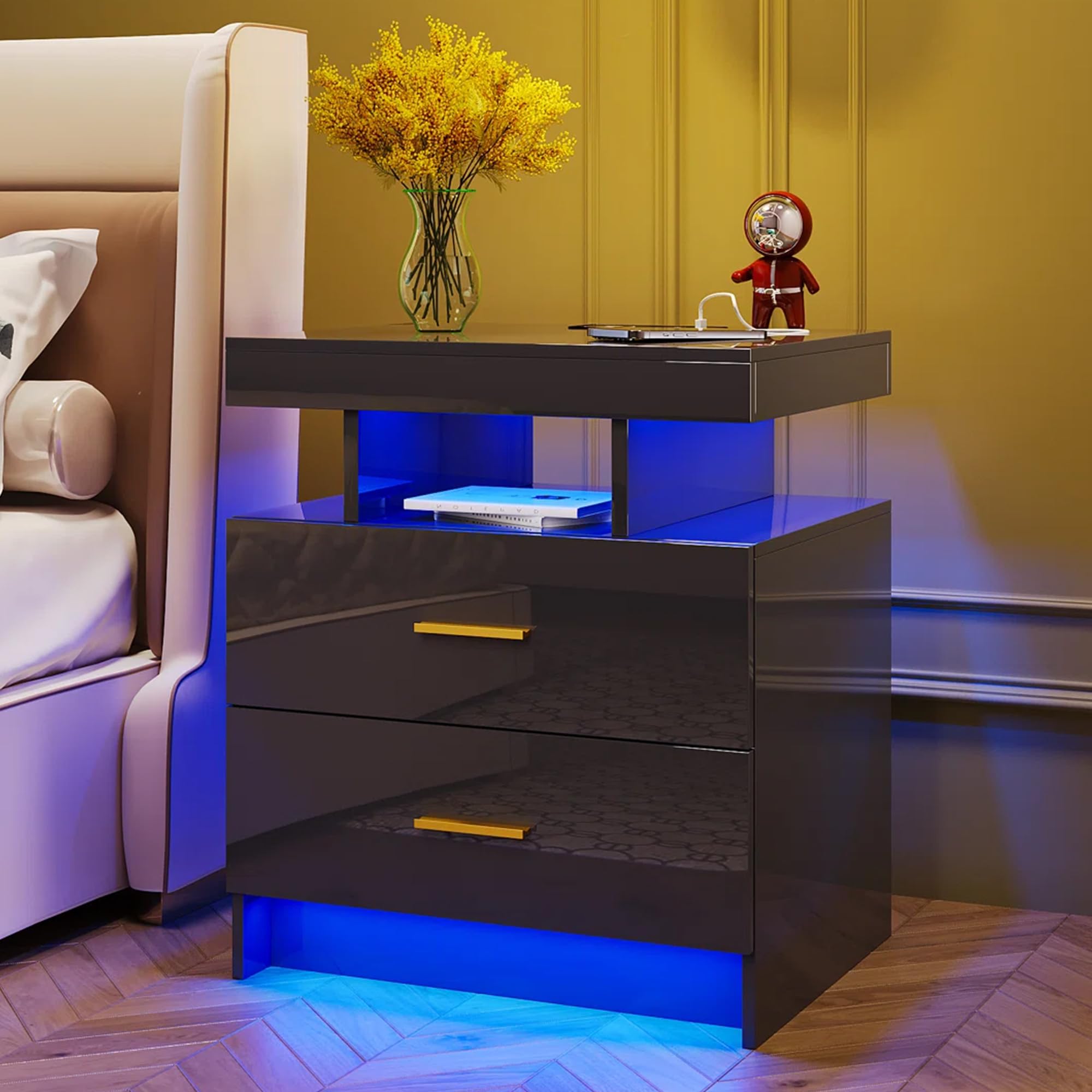 Vlsrka Mesa de Noche con luz, Mesa de Noche LED con Estación de Carga y Puerto USB, Mesa de Noche con 2 Cajones, Mesillas de Noche Dormitorio, Sala de Estar, Negro Brillante