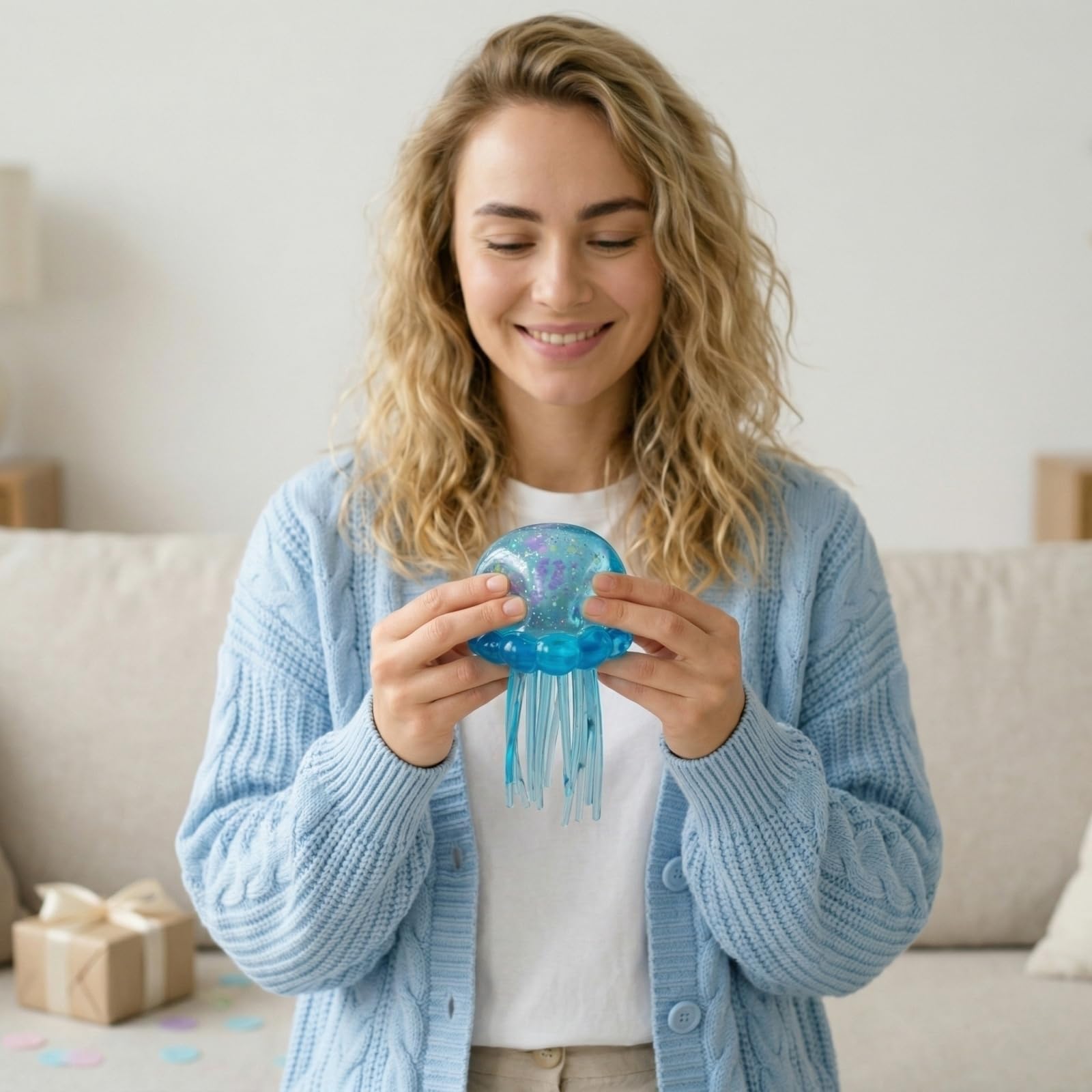 Nee doh Glitter Jellyfish Squishy Toy, Stress Relief Fidget Toy for Adults, Soft TPR Sensory Toy with Wiggly Tentacles, Portable Anxiety Relief Squeeze Ball for Office, School & Travel (Blue) - 4