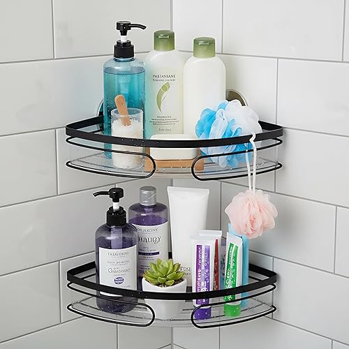 Miniatura 8 de Paquete de 2 organizadores de ducha adhesivos, organizador de ducha esquinero a prueba de óxido con adhesivos, organizadores de baño y