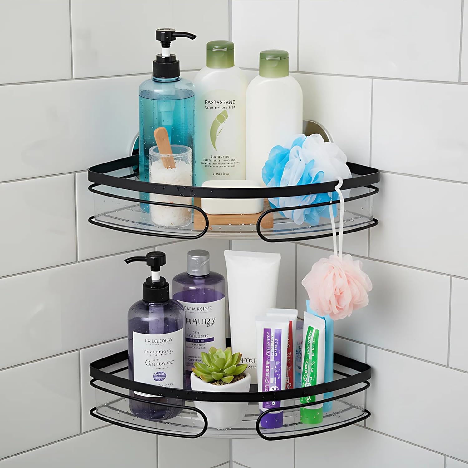 SDZOREN 2-Pack Adhesive Shower Caddy Rustproof Corner Shower Caddy with Adhesives Bathroom Organizer and Storage 1-Layer-Triangle Black