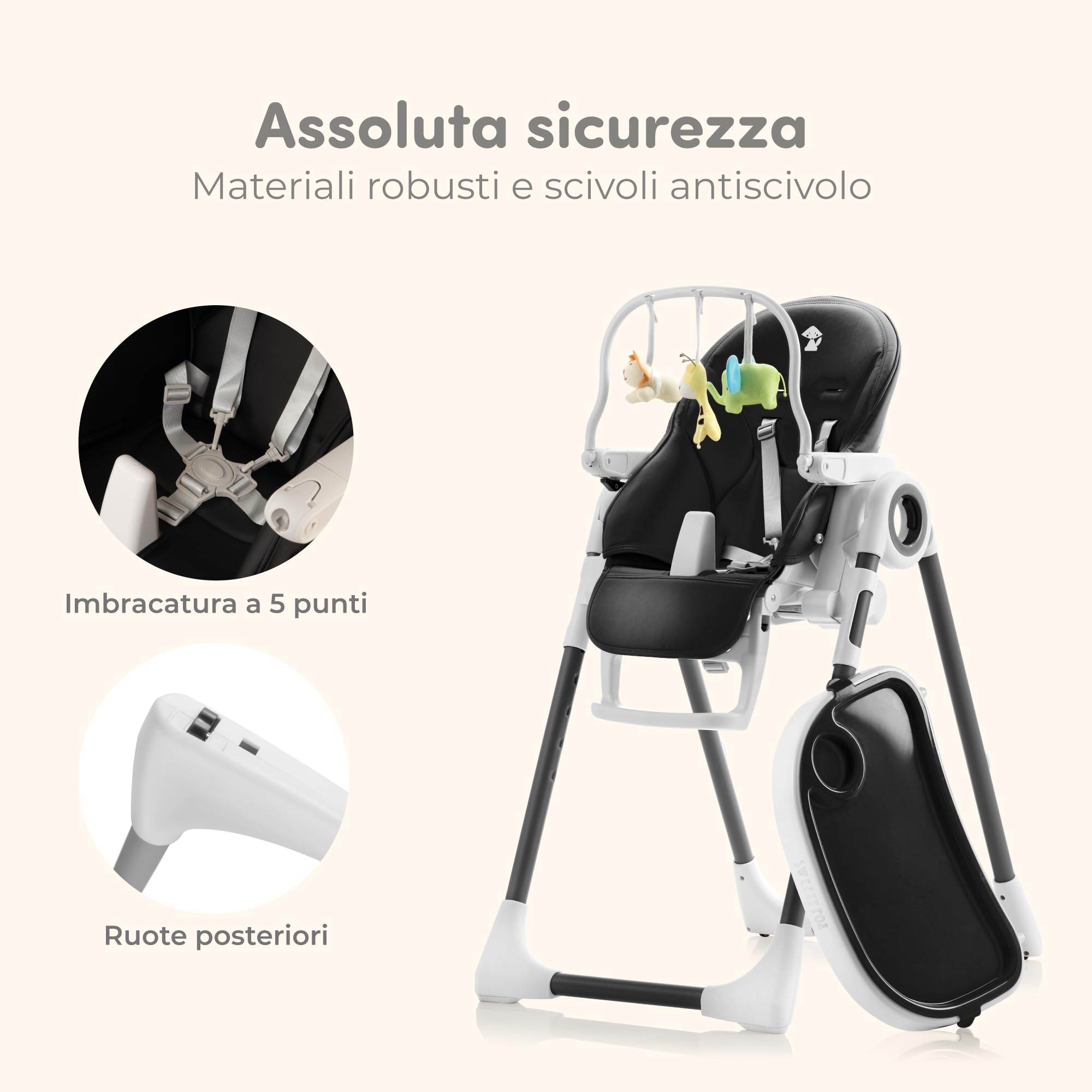 Seggiolone Pappa Regolabile e Pieghevole - 7 Livelli Diverse, Schienale Bambino Pieghevole 5 Posizioni, Ripiano Smontabile, Vassoio a Clip (Facile da Pulire) - Nero