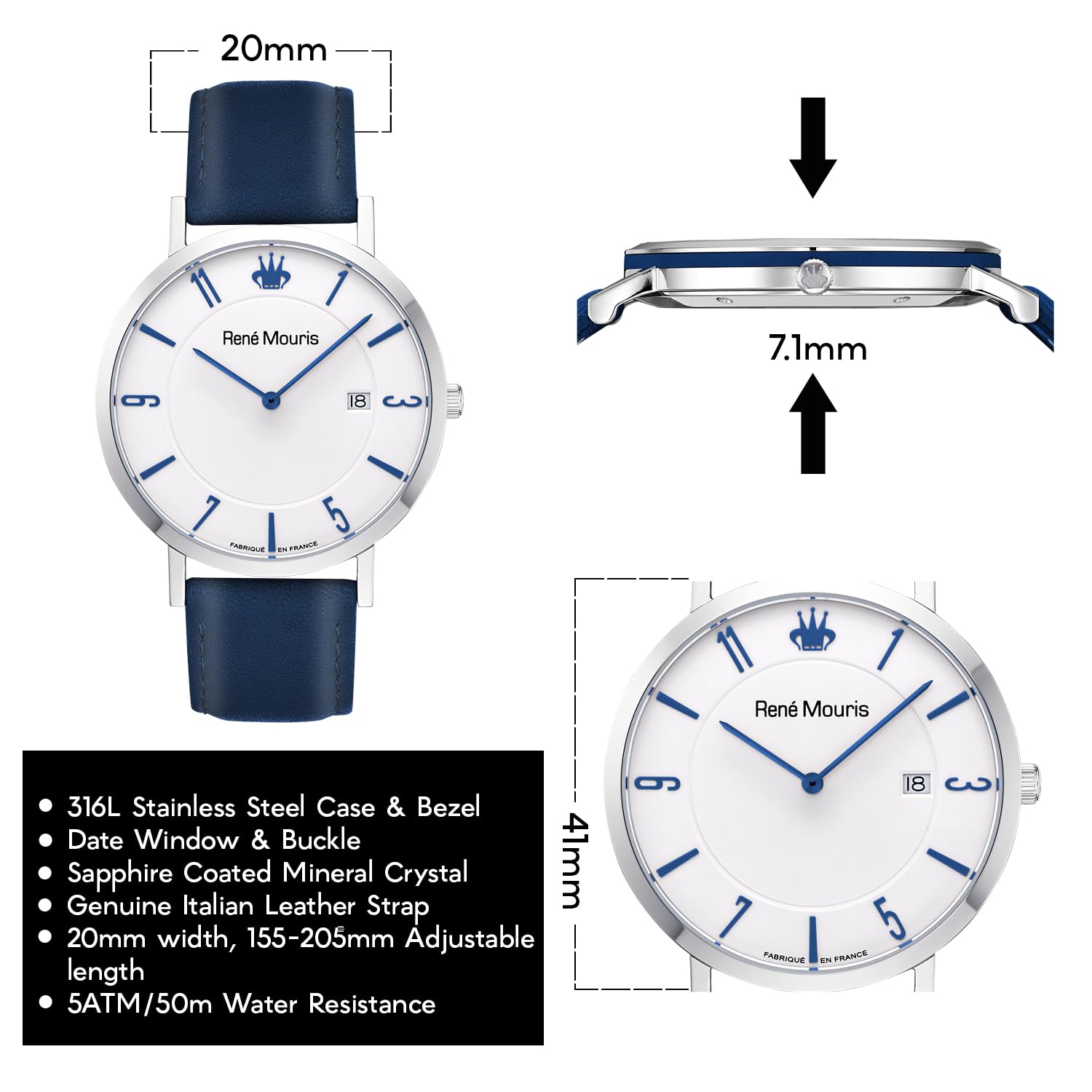 René Mouris L'Emporter Quarzuhren Für Herren – 41MM Klassische Uhr Aus 316L Edelstahl – Mineralglas Mit Saphirbeschichtung – 50M wasserdichte Armbanduhr Mit Italienischem Lederarmband.