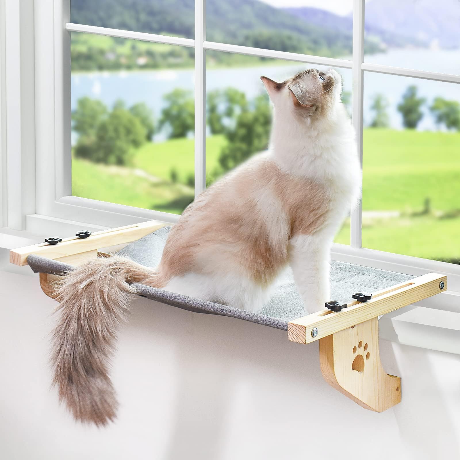 AMOSIJOY Cat Sill Window Perch Sturdy Cat Hammock Window Seat with Wood & Metal Frame for Large Cats, Easy to Adjust Cat Bed for Windowsill, Bedside, Drawer and Cabinet(M)