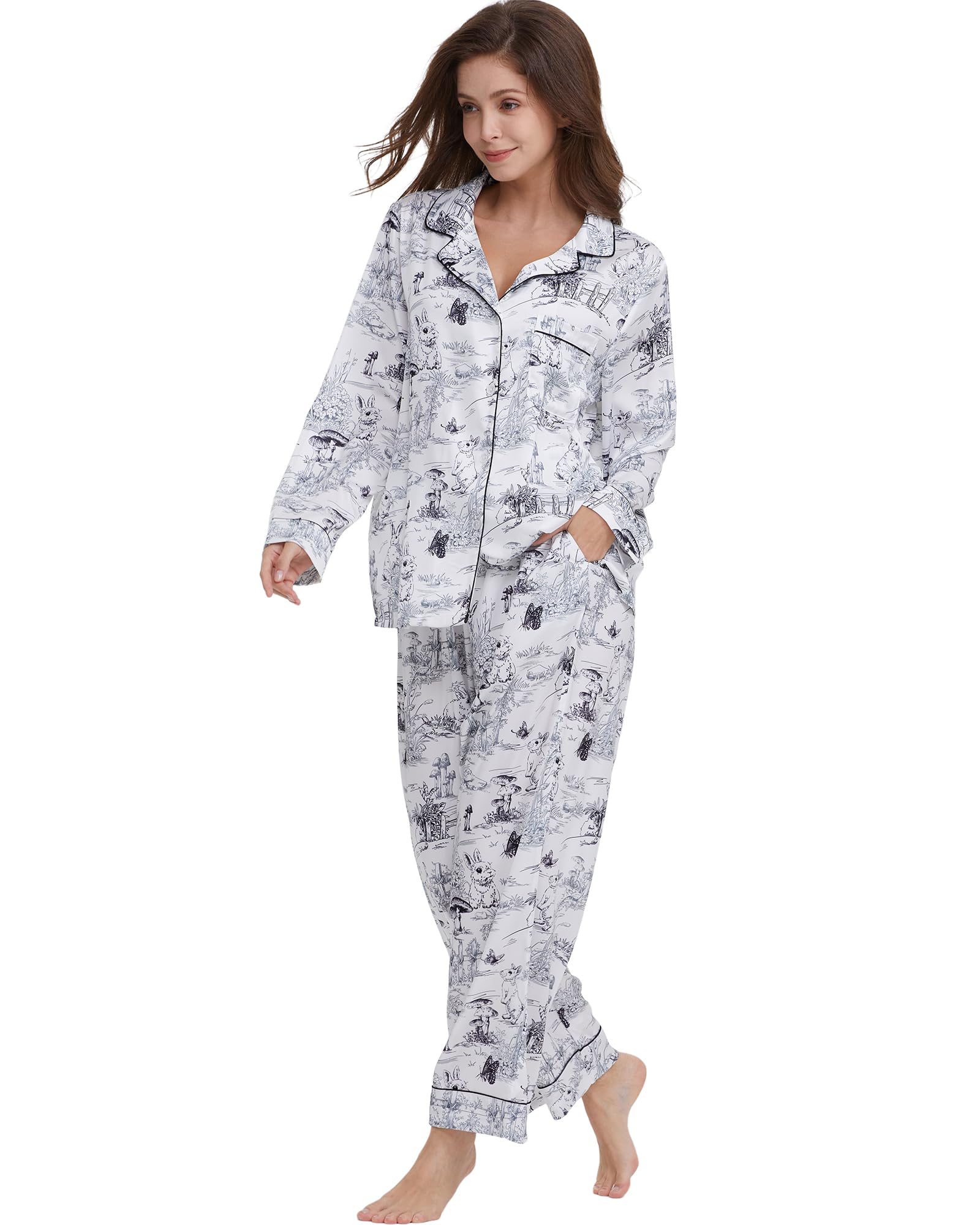 Womens Silk Satin Pajamas Set Button Down 2 Piece Pjs Long Sleeve Oversized Sleepwear with Pockets