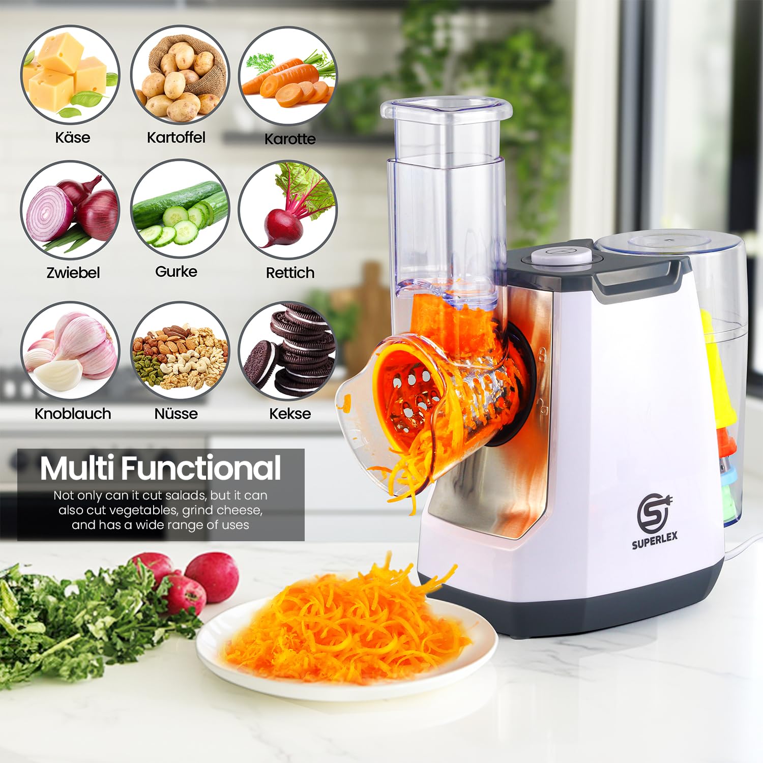 Coupe-légumes électrique 5-en-1, mandoline avec 5 lames tambour interchangeables, râpe à fromage pour fruits légumes carottes noix râpe de cuisine