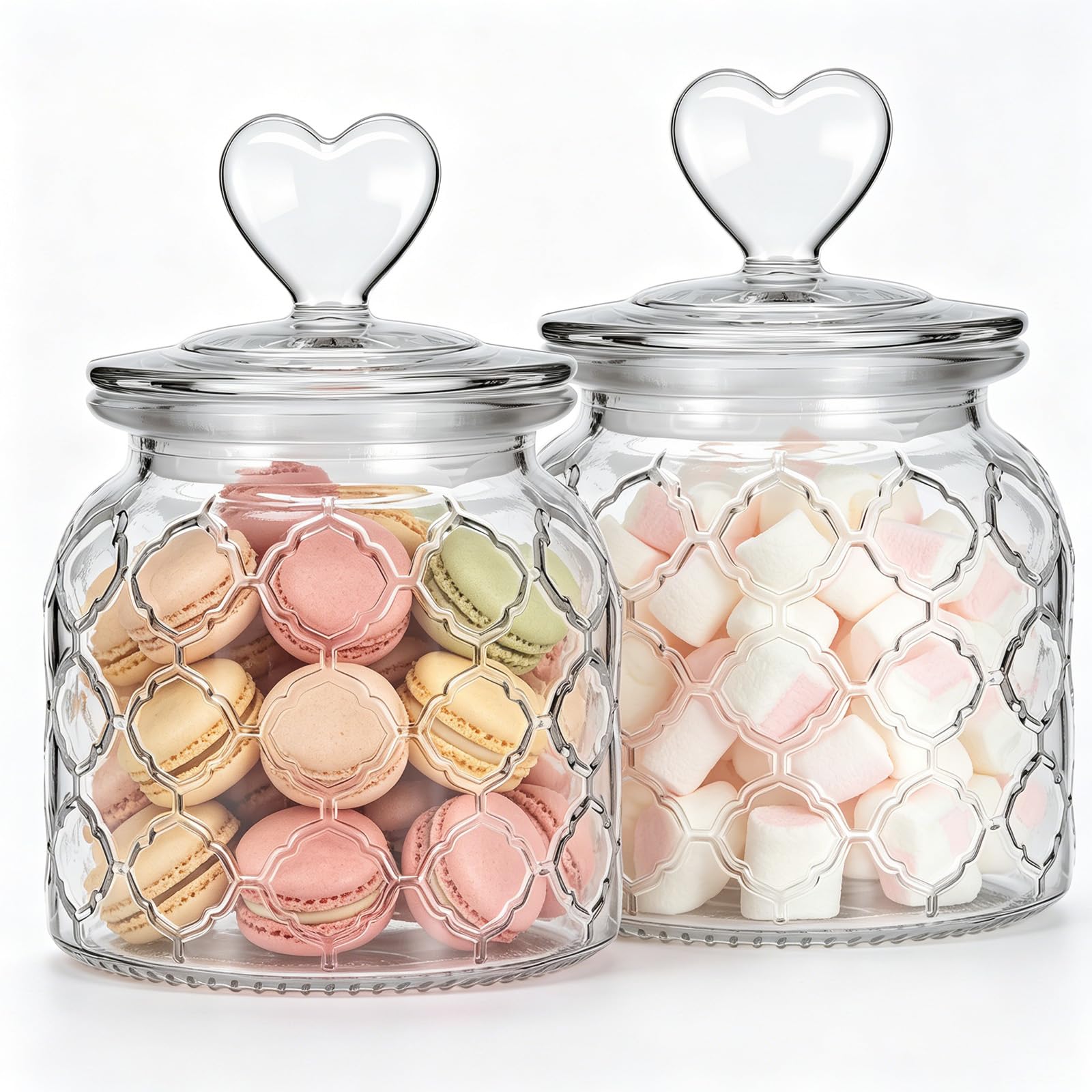 Hejo Heart Lid Airtight Glass Jars with Lids, Set of 2, Clear Cookie Jar - Kitchen Glass Storage Jars for Candy, Sweets, Dry Fruits and Pantry Snacks (650ml, Grid Pattern)
