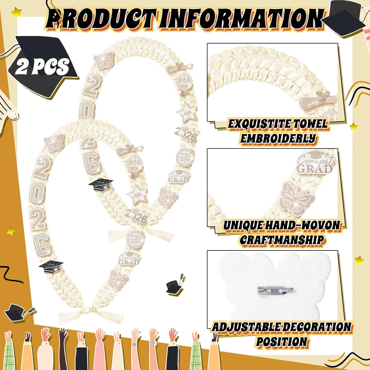 Suncalla 2pcs Graduation Leis Class of 2026 Butterfly Money Ribbon Leis White Graduation Necklace with Glittery Pins Braided Ribbon Necklace for Women Grad Gift High School University DIY Decor