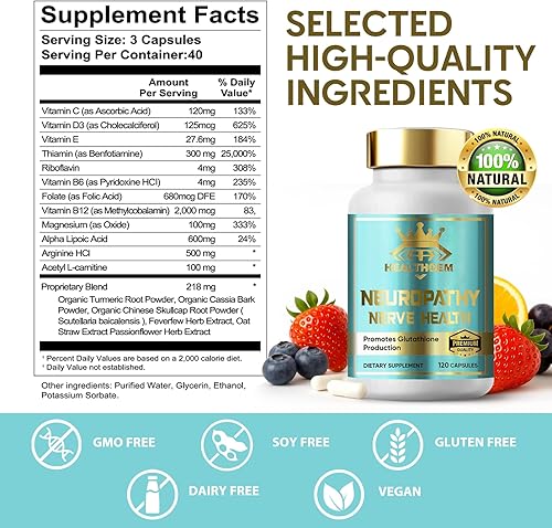Miniatura 5 de Apoyo a la neuropatía, suplemento natural para nervios, salvador de nervios para neuropatía con ácido alfa lipoico puro, fortalece los nervios en