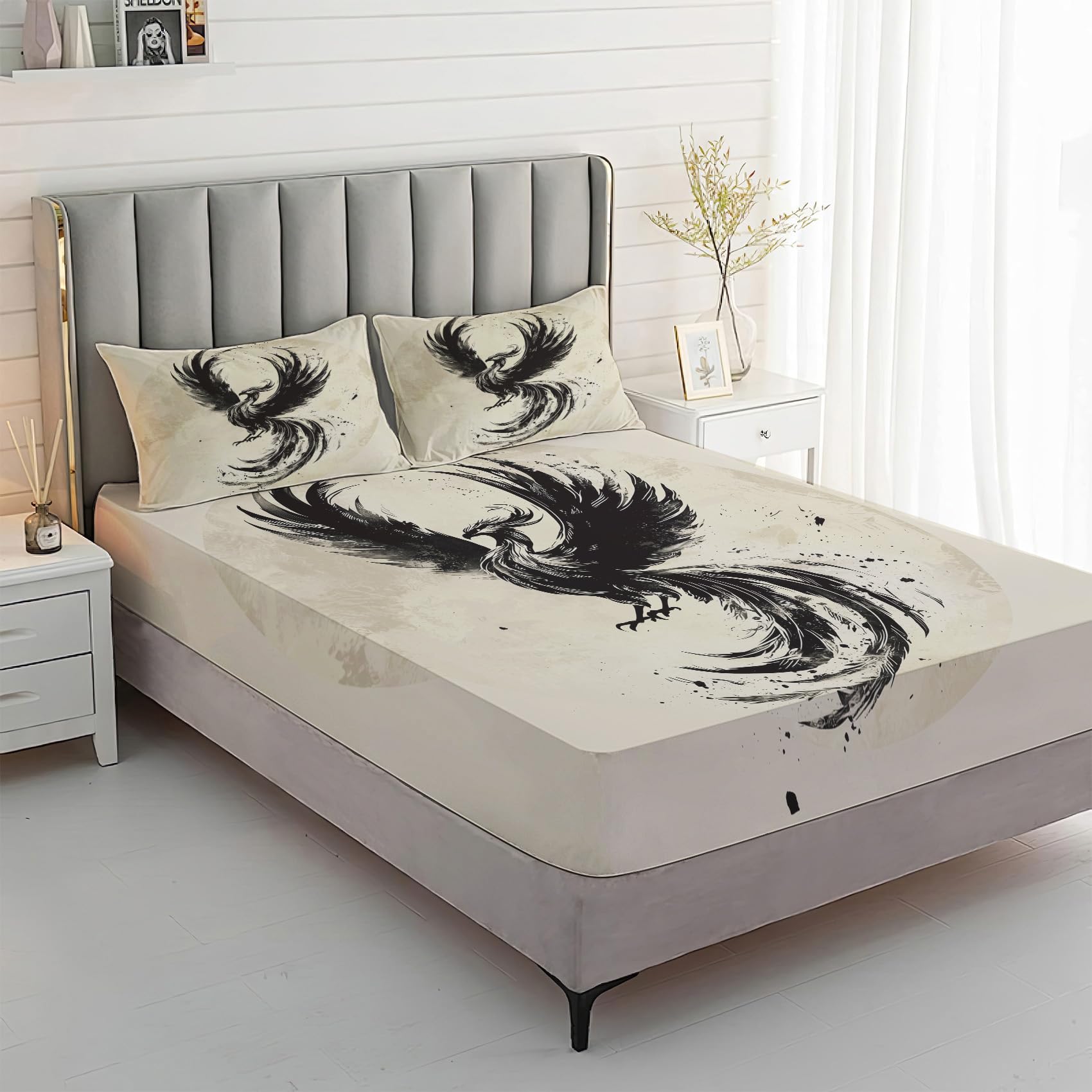 Zvynqour Phoenix Japanese Style Sheet Set, Deep Pocket Fitted Sheets, Flat Sheets & Pillowcases, 3 Piece Mythical Creature Bedding & Decor, Microfiber