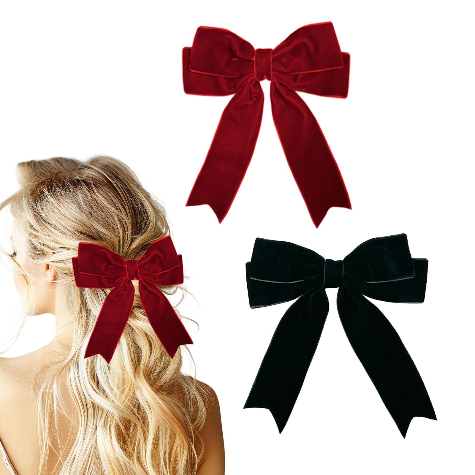 Bliceon 2Pcs Black and Burgundy Hair Bows, Velvet Big Hair Clips for Women Girls, Toddlers and Teens, Bow Ponytail Holders