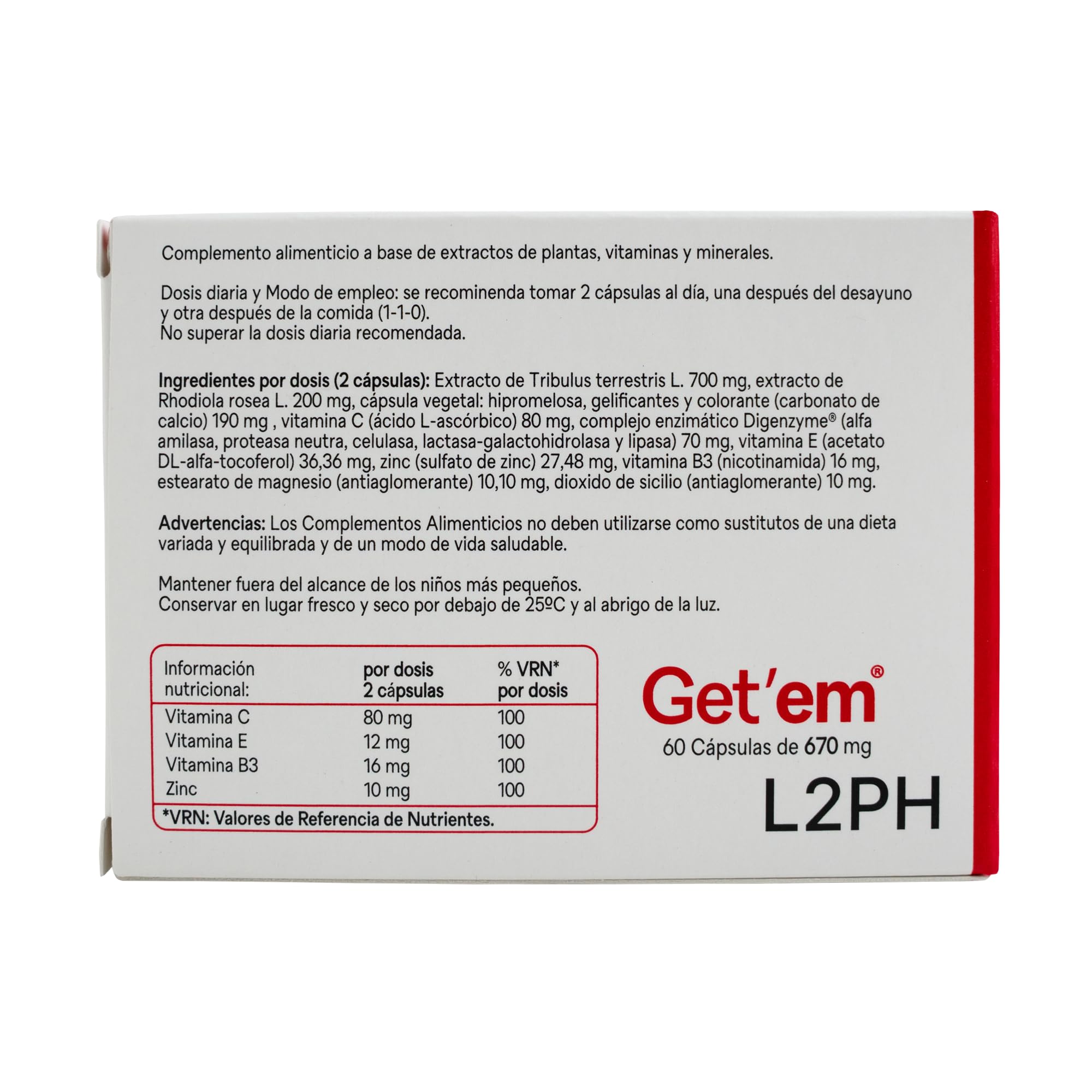 GET'EM – Complemento Alimenticio para los efectos de la Menopausia y Andropenia y Equilibrar el Bienestar Físico y Emocional. (60 Cápsulas). Tribulus terrestris, Rhodiola rosea, Vitaminas, Minerales