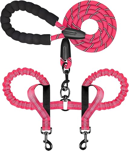 Miniatura 9 de Correa doble para perro para dos perros, resistente ajustable sin enredos, correa elástica retráctil dividida múltiple para caminar a 2 perros, 5.5