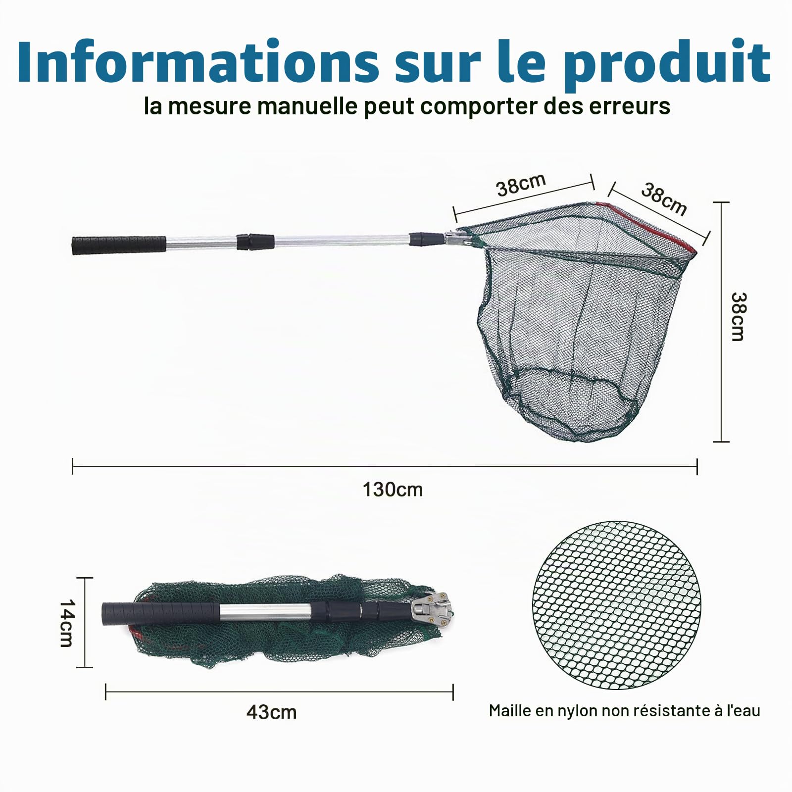 Épuisette de pêche en caoutchouc - 130 cm - Épuisette télescopique pour adultes et enfants