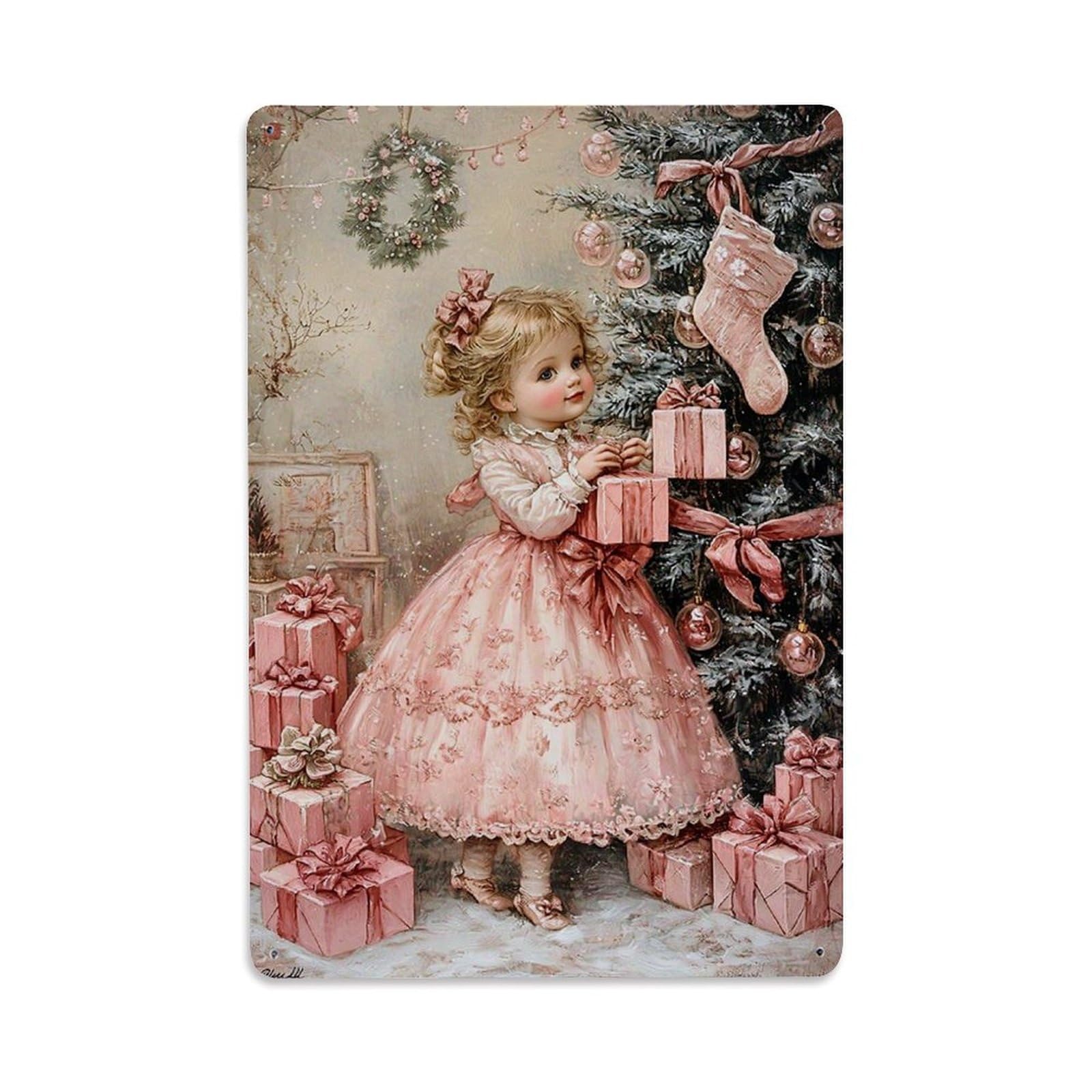 Pink Christmas Tree Girl Gift Retro Metal Tin Sign, Vintage Decor Art Poster for Bar, Home, Man Cave, Kitchen, Laundry Room Gift 8x12Inch