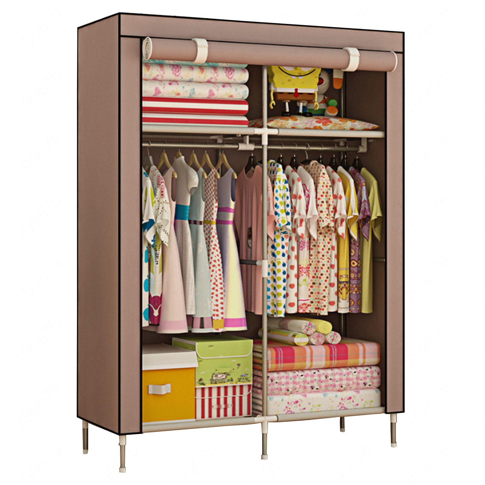 Armoire penderie portative en toile marron avec tringle et étagères de rangement