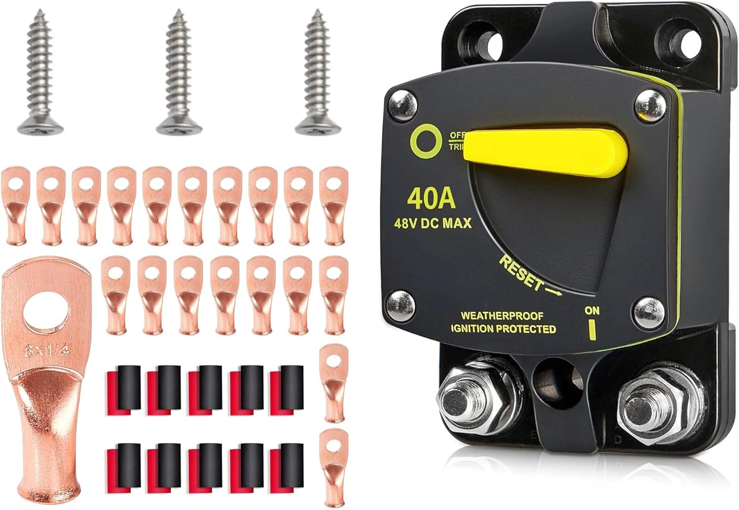 RED WOLF 40A Circuit Breaker Manual Reset Switch 6 AWG 1/4" Battery Cable End Copper Ring Terminal Connector Lug w/3:1 Ratio Heat Shrink Tube for Boat Trolling Stereo Battery Solar System Inline