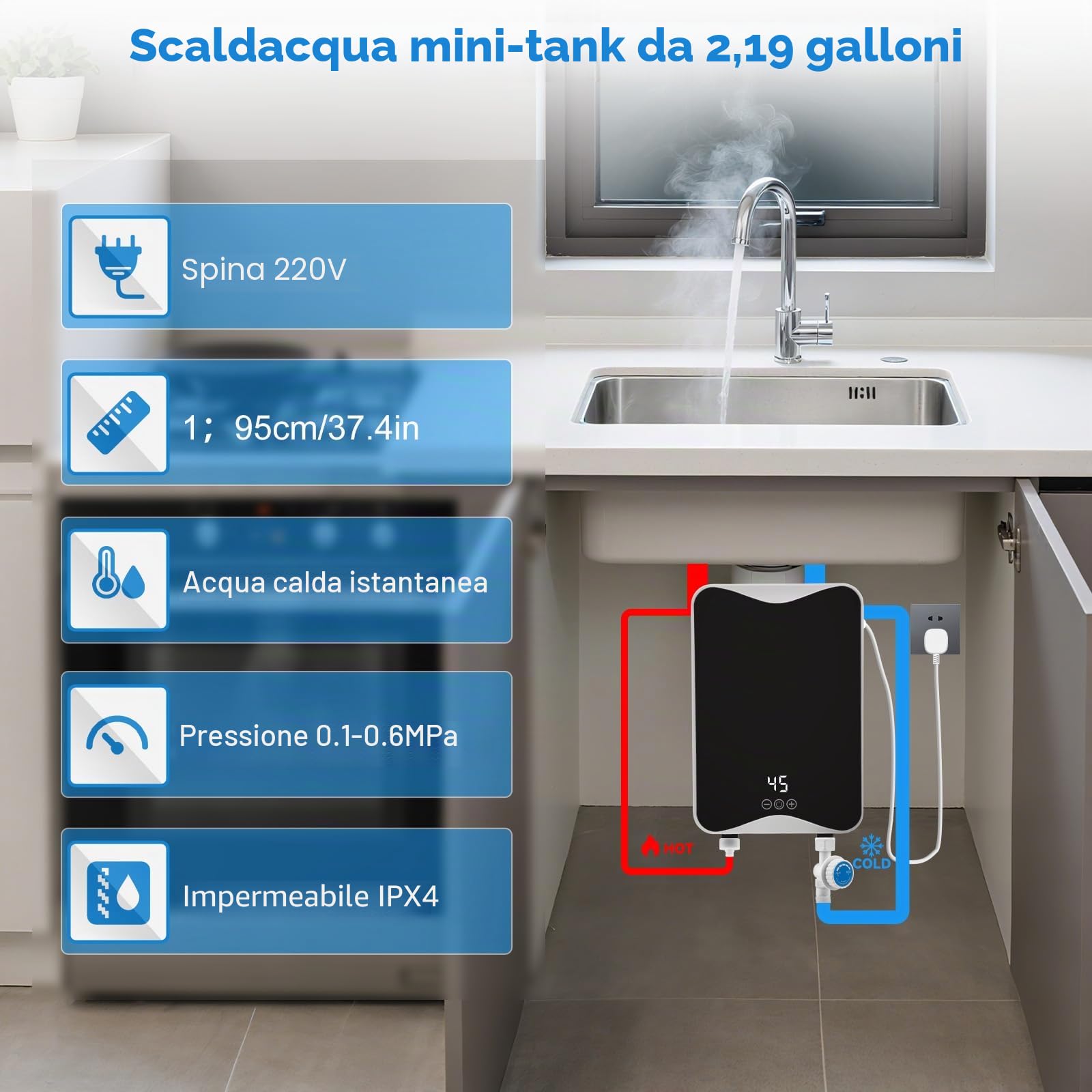 Scaldacqua elettrico 230V 5500W Scaldacqua elettrico istantaneo con indicatore di temperatura LED 30-55°C 20kW, impermeabile IPX4, mini scaldabagno per doccia, bagno, cucina