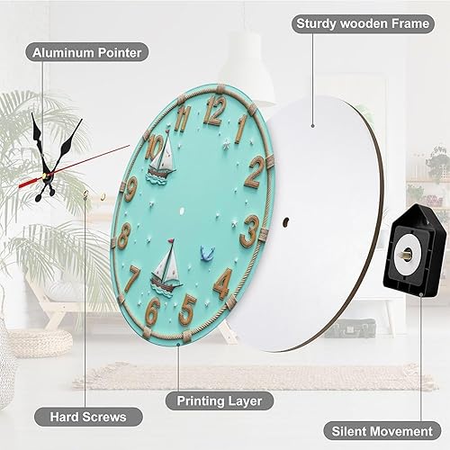 Miniatura 7 de Nautical Clock with Sailing Ships 2D 12 Inch Silent Wall Clock, Frameless Wooden Round Clock with Quartz Movement for Bathroom, Kitchen, Living