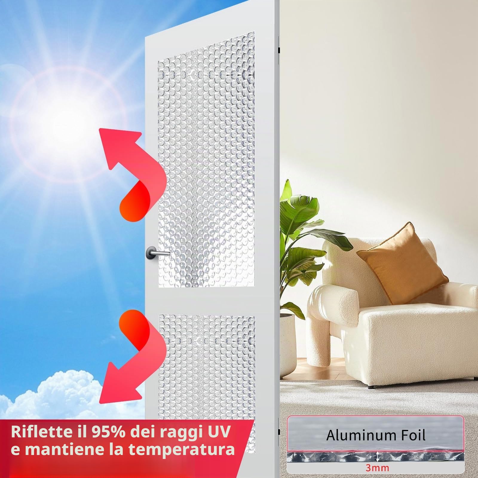3mm Isolante a bolle riflettente, 121,9cm x 15,24m, Doppio foglio in alluminio, Per tutte le stagioni, ideale per finestre, Isolante Termico