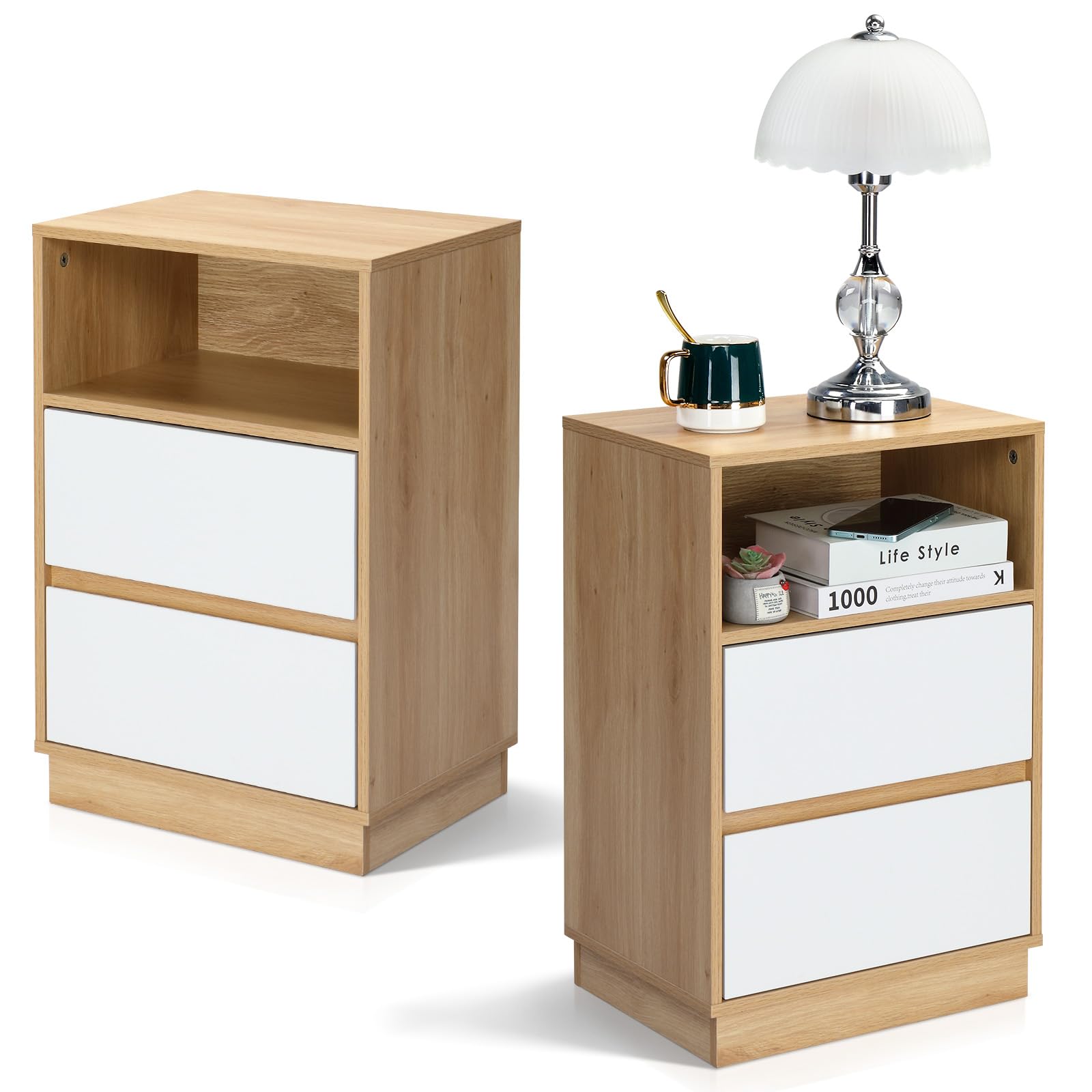 Bonnlo Wooden Bedside Table, 2 Drawers with Top Open Compartment Bedside Cabinet, 40×30×60cm Modern Nightstand, Sturdy Storage Cabinet for Bedroom, Living Room (2, Oak) — image 1
