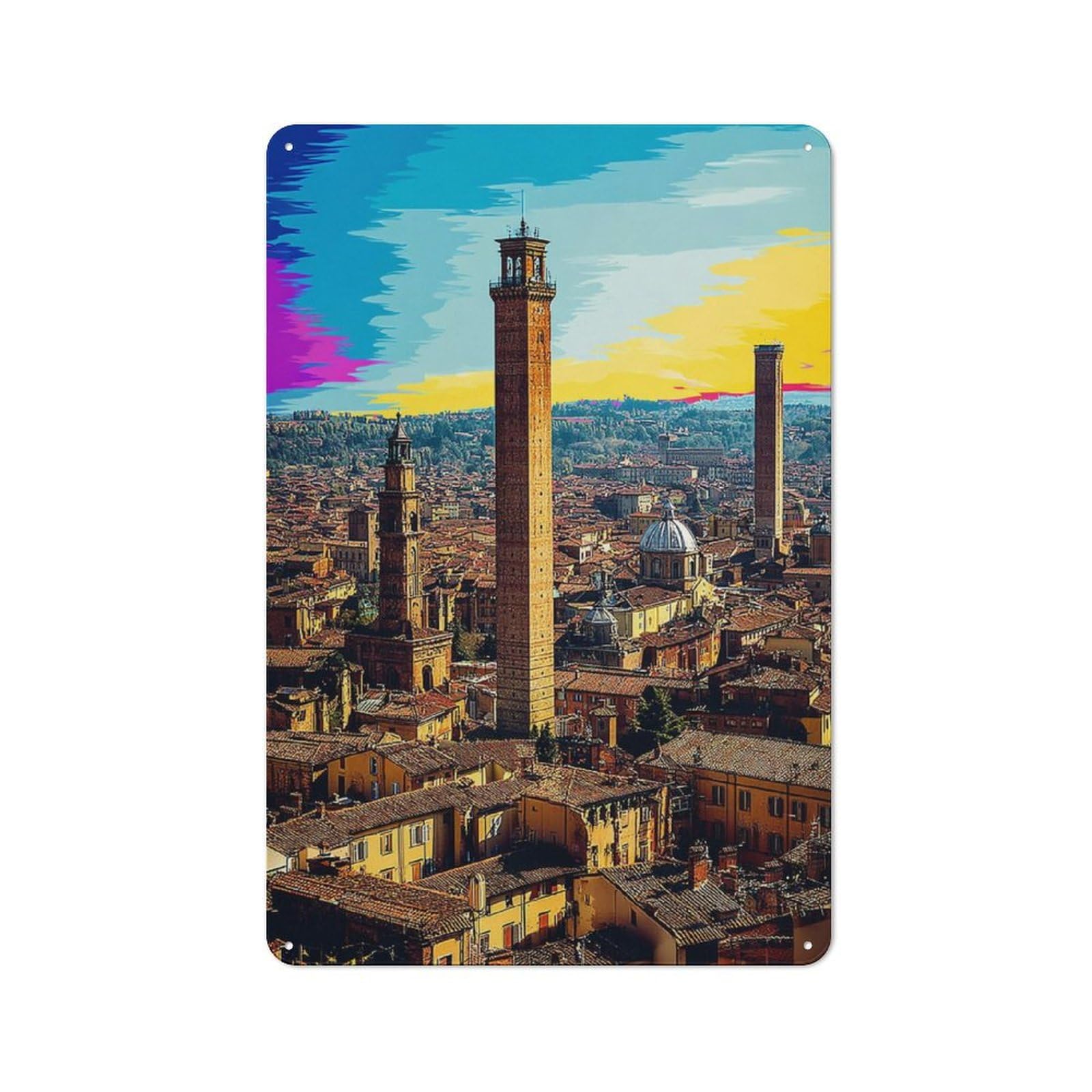 Junmoney Bologna's Iconic Towers Vintage Metal Sign With Design 30X20cm, Vintage Restaurant Wall Art For Coffee Bar, Small Shop Or Dining Room
