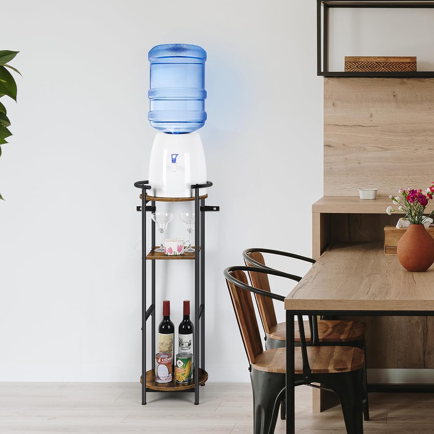 5 Gallon Water Dispenser Jug Stand 3-Tier Drink Beverage Dispenser Holder with Storage Shelf, 36.5'' Tall Water Stand for 1-5 Gallon Water Bottles/Crocks, Water Jug, Plants, Rustic Brown & Black
