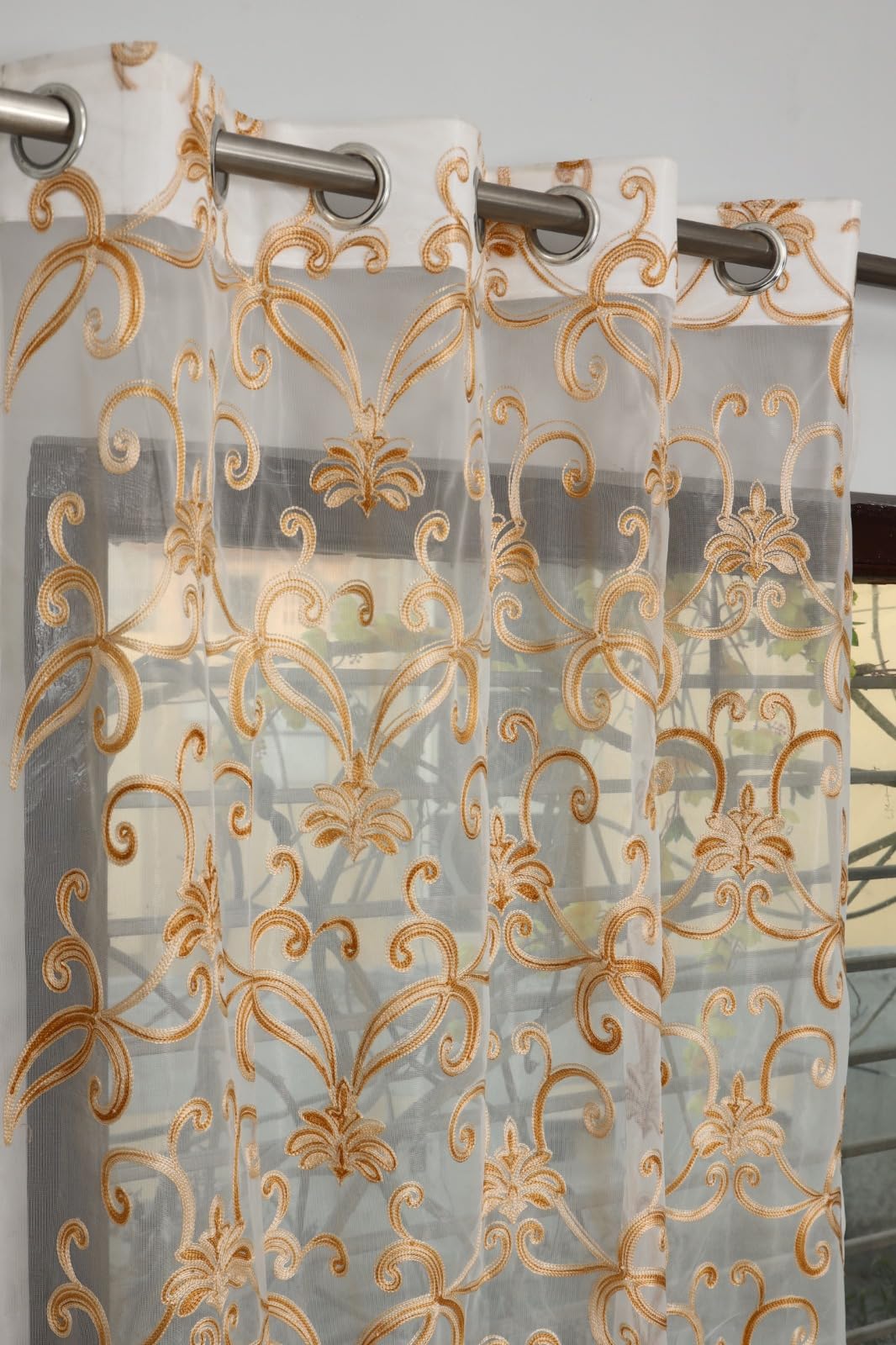 Ritvik Decor Transparent Tissue Embroidery Floral Thread Work Sheer Curtains - Pack of 1 (Window- 5 Feet, Golden)