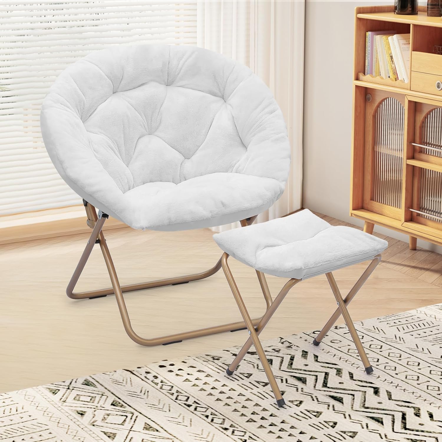 Foldable Oversized Moon Chair, Large Faux Fur Round Saucer Moon Chair with Folding Footrest Stool for Teens and Adults, White