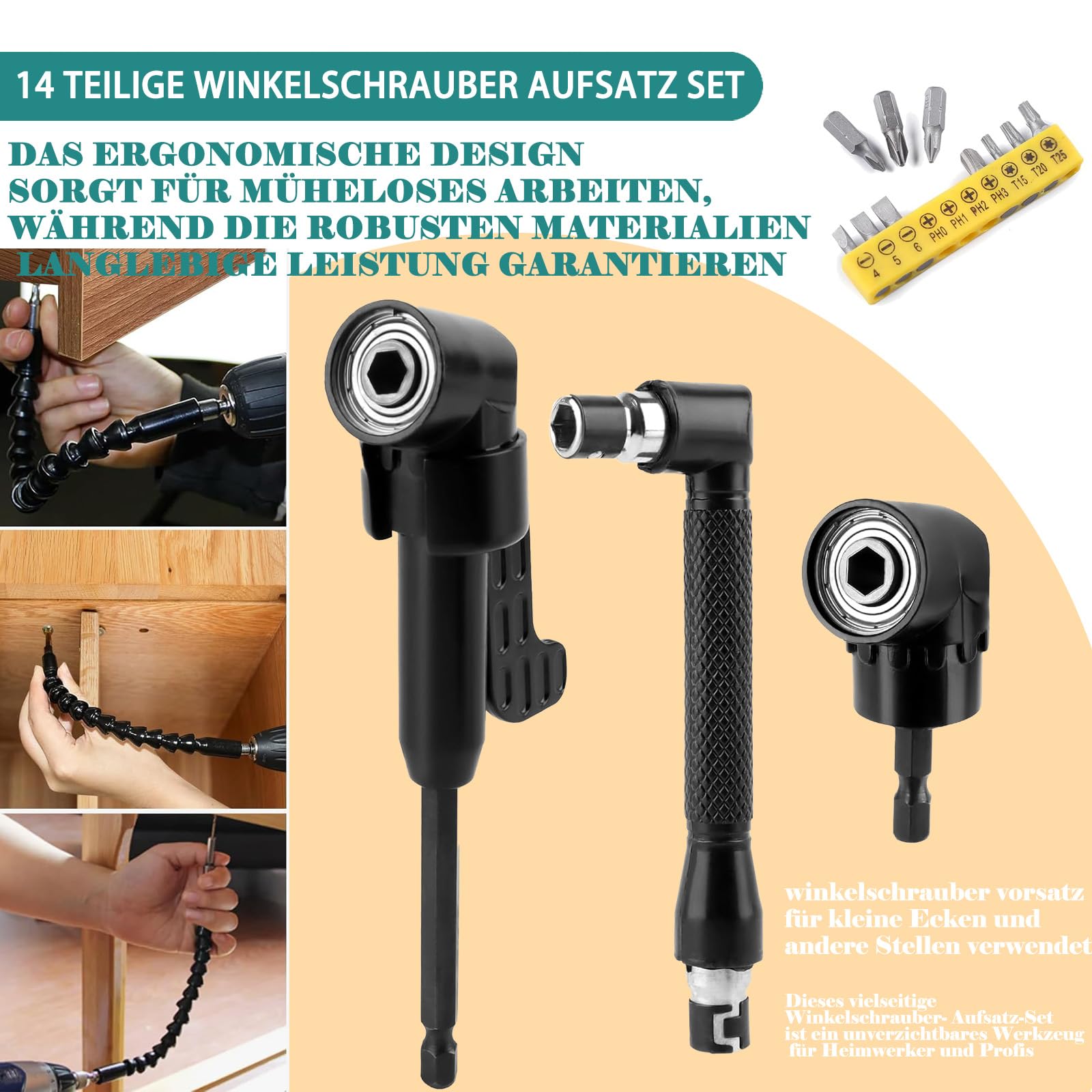 VFANDV Kit 14 Pièces Renvoi D'Angle Visseuse 105° - Embouts, Rallonge Et Accessoires Pour Espaces Confines