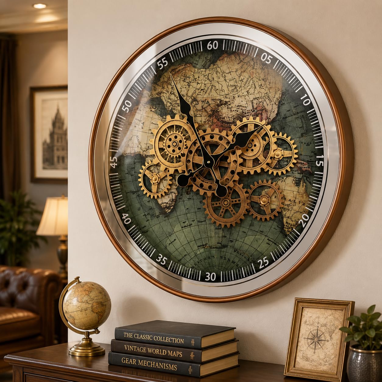 Orologio da parete in metallo con mappa del mondo, 23 pollici, con ingranaggi mobili reali | Orologio a specchio decorativo Steampunk per soggiorno moderno casale ufficio cucina Art Decor,Reloj De Pared Para Sala
