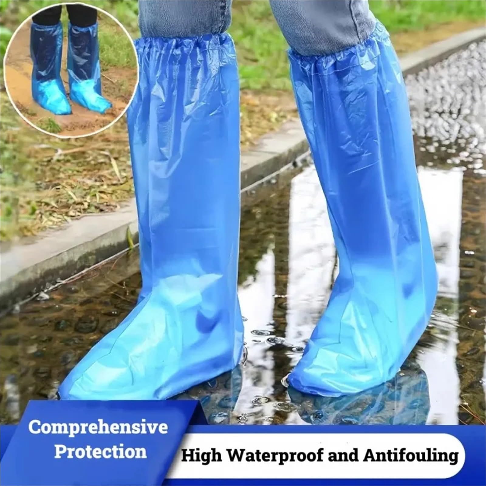 Schuhüberzüge Lange Stiefelüberzüge, dicke, wasserdichte Schuhüberzüge aus Kunststoff, rutschfest, for Labor, Landwirtschaft, Regentage, Rafting(Blue,100pairs)