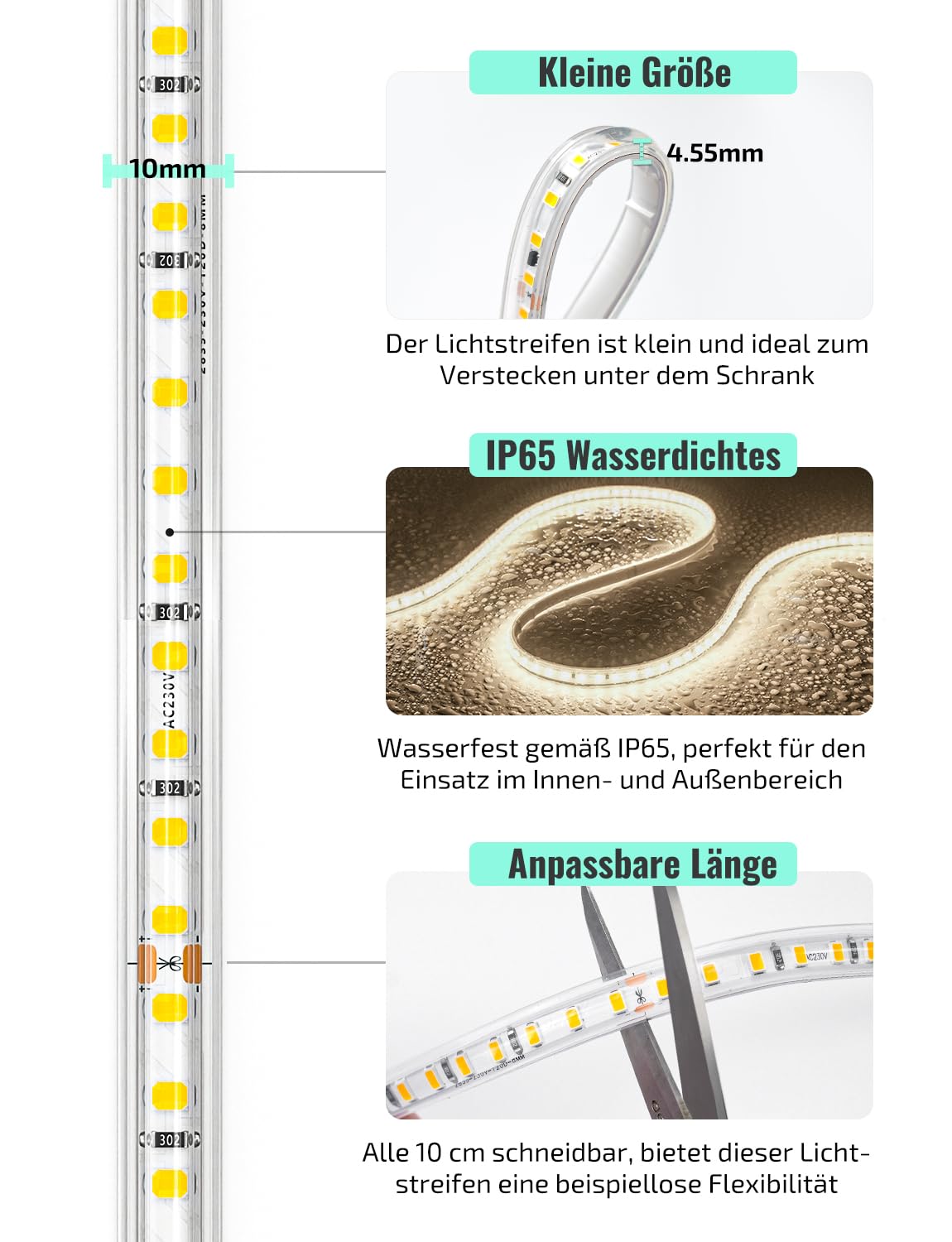 GZBtech Silikon LED Strip Light 10M, 230V 4000K Neutralweiß LED Streifen Schrankbeleuchtung, kürzbar Selbstklebend LED Lichtband für Schlafzimmer Küchen Innen Außen Deko und Kommerzielle Nutzung