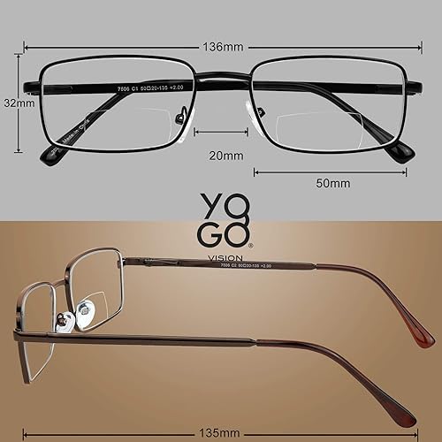 Miniatura 4 de Yogo Vision Gafas de lectura bifocales, paquete de 2 lentes rectangulares de metal con borde completo para leer hombres y mujeres +1
