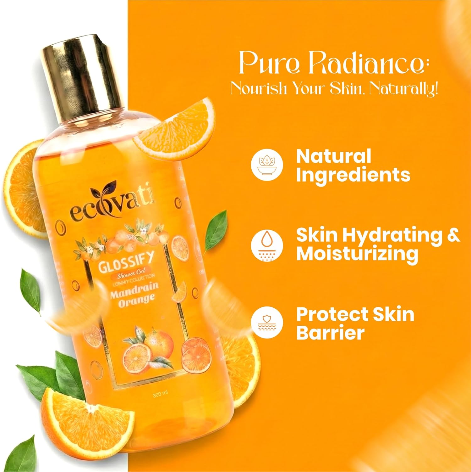 Glossify Mandarin Orange Luxury Shower Gel, Deep Cleansing Formula with Aloe Vera and Vitamin E, 300ml