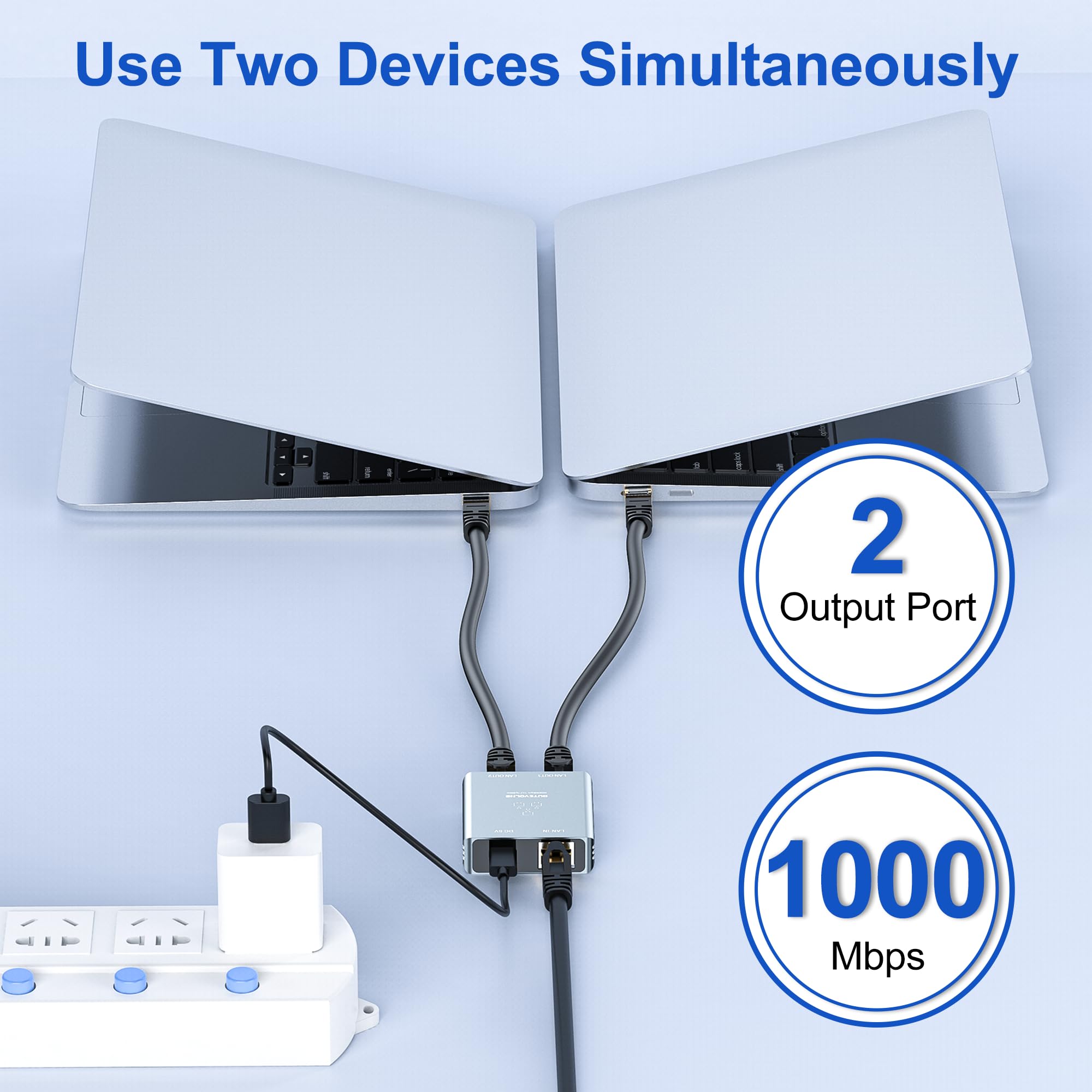 LAN 分配器 1対2、高速 1000Mbps ネットワーク 分配器 1入力2出力、ギガビット LANハブ、スイッチングハブ、LANケーブル 分岐 2台同時使用、1mの電源ケーブル付き、PC、ルーター、Cat8/7/6/5 ケーブルに対応し - 2