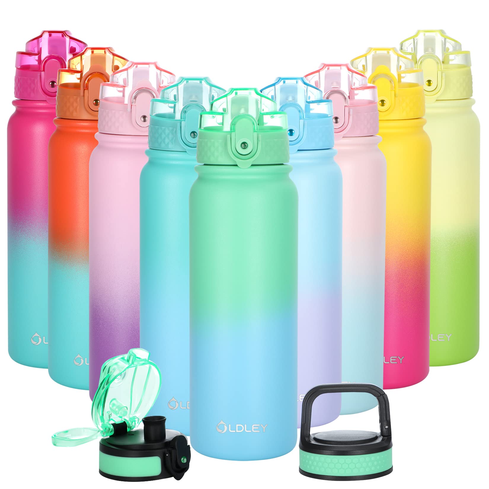 Oldley Insulated Water Bottle with Straw 20oz Stainless Steel Water Bottles with 3 lids Double-Wall Vacuum Thermal for Kids Adults School Sports,