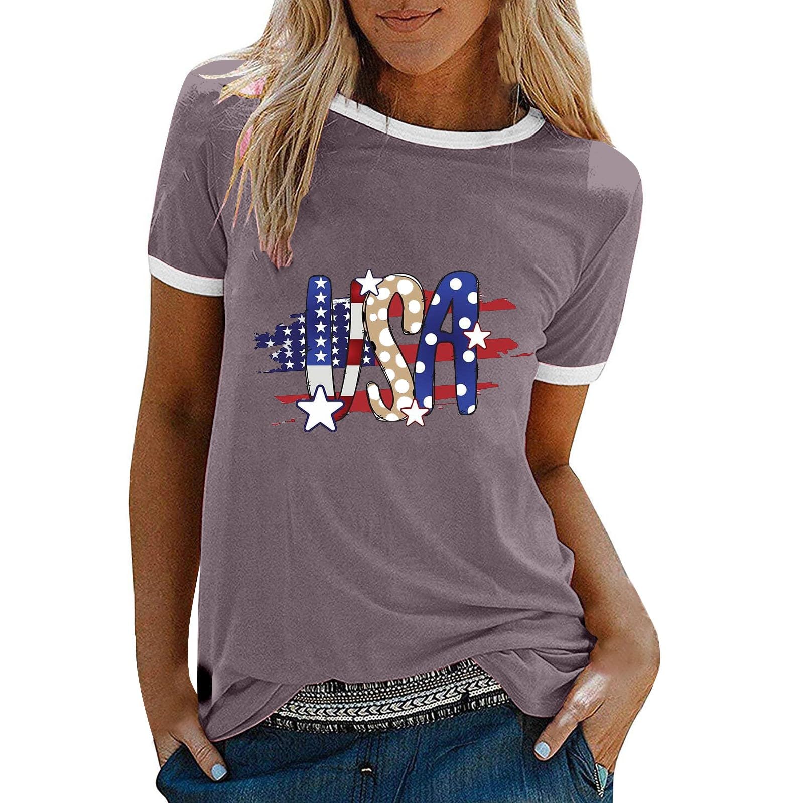 Skang Camisetas Basicas Tops con Estampado de Bandera Americana del 4 de Julio para Mujer, Camisetas de Verano para Mujer 2024, Camisetas Informales con Estampado de Bandera del Día de la
