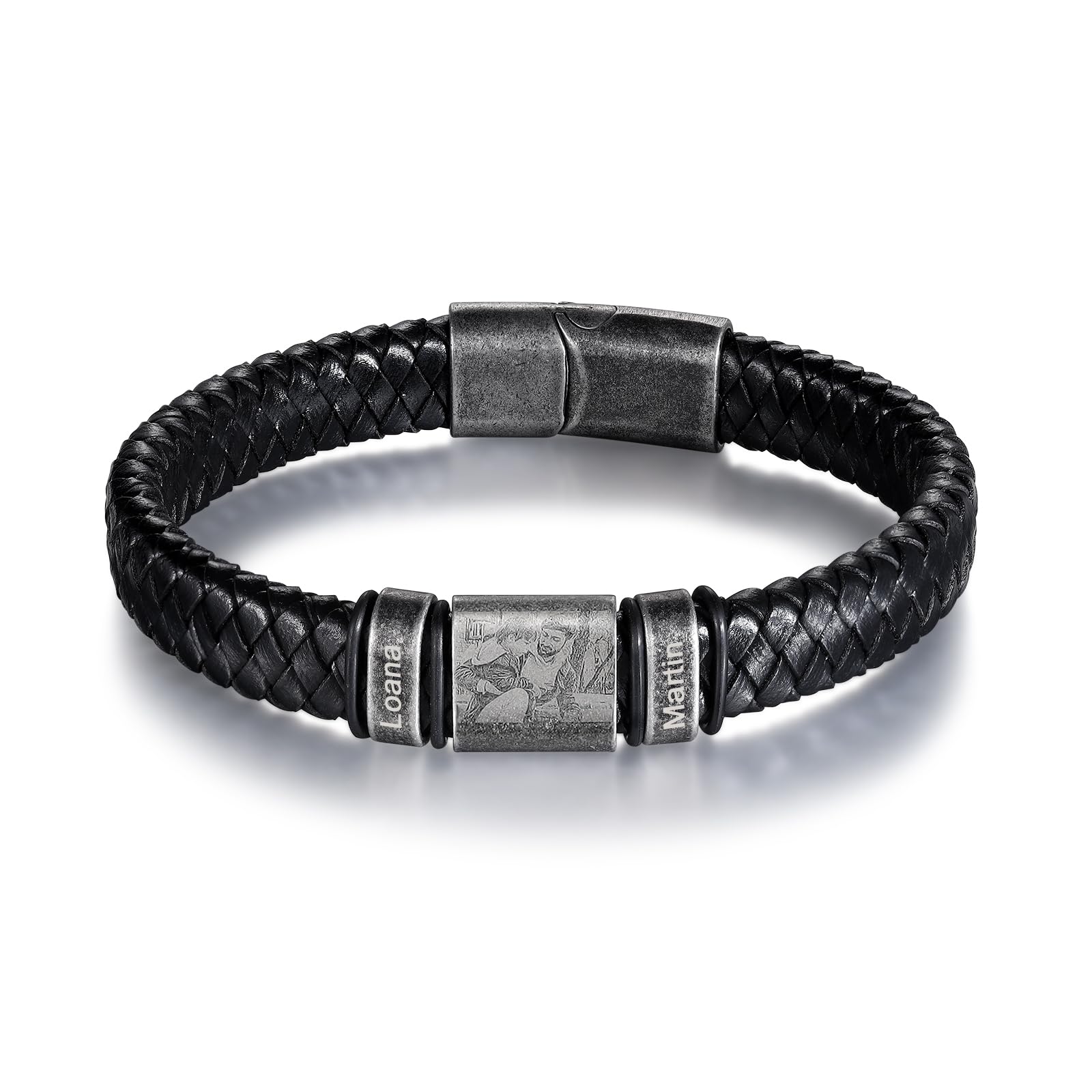 JeweideaPulsera Cuero Hombre Personalizado con Nombre Grabada Pulsera con Foto de Acero inoxidable para Papá Novio Joyería Hombre Regalos Cumpleaños