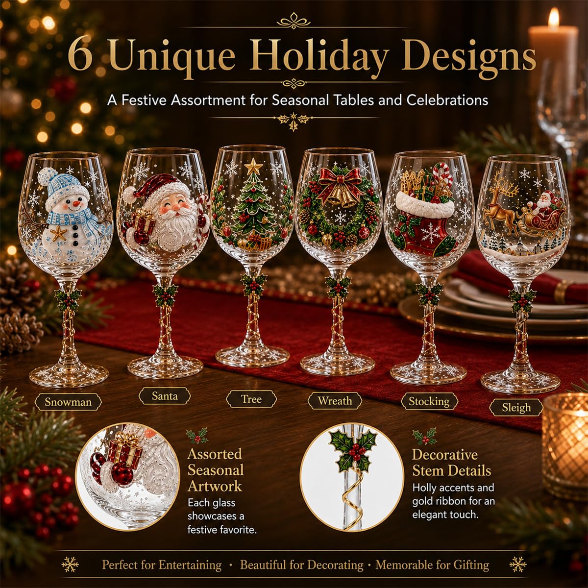 Świąteczne kieliszki do wina 3D Zestaw Świątecznych Stemed Goblets With Santa Snowman Tree Motifs Gold Spiral Trim Na Xmas Dinner Party Gifts Dekoracyjne Barware