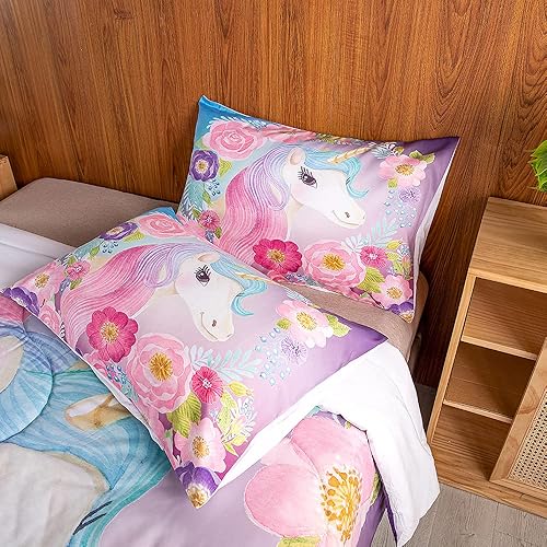 Miniatura 5 de Juego de edredón de unicornio con flores para niños, juego de ropa de cama para niñas, bonito juego de edredón de unicornio rosa de dibujos animados