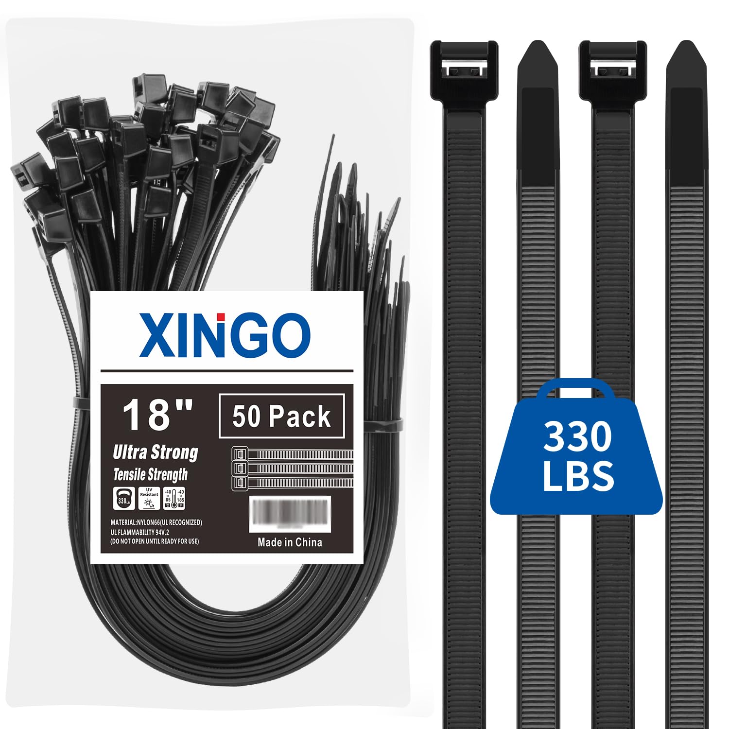 XINGO 18 Inch Black Large Zip Ties Heavy Duty 50 Pack, 330 LBS Ultra Exclusive Strong Plastic Wire Ties, Large Cable Ties Extra Long Ties Wraps For Indoor and Outdoor Use