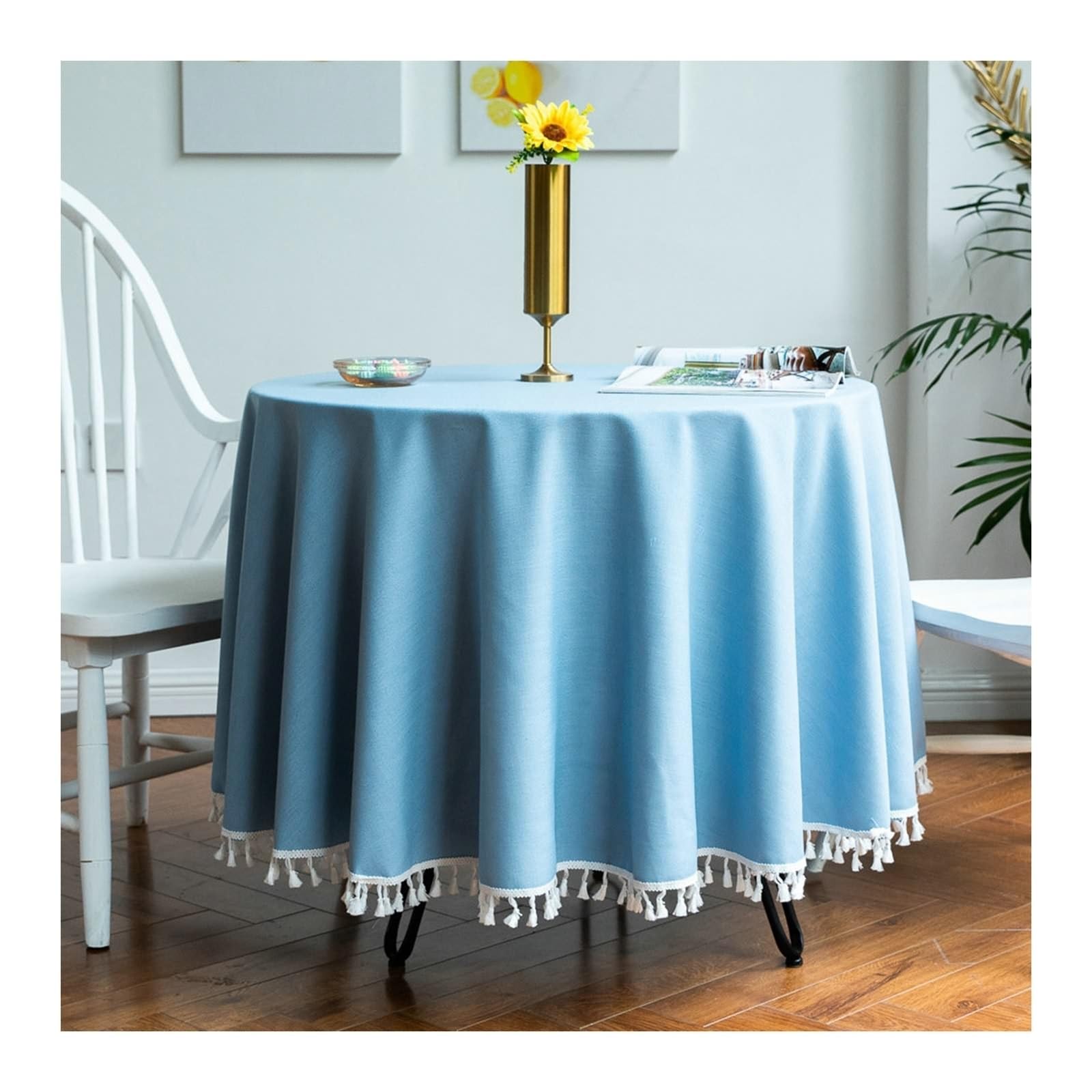 Tablecloth 220 cm, obrus z bawełny i lnu, zmywalny, jednokolorowy, błękitny, zmywalny, okrągły