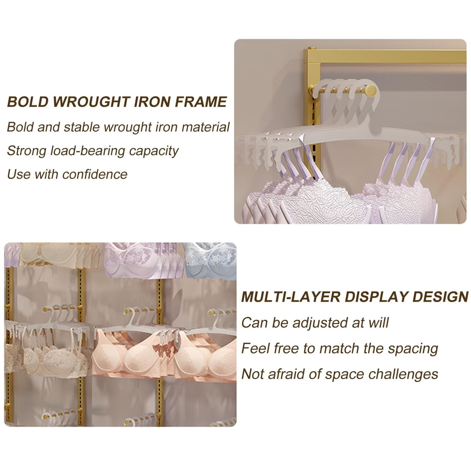 Lingerie-Präsentationsständer Gold für Einzelhandel, Robuster Unterwäsche-Organizer aus Metall mit verstellbaren Haken, Freistehender Kleiderständer für BHs, Slips & Socken(Black,160x40x100cm)