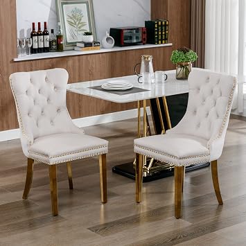Modern Velvet Dining Chairs Set of 2, Upholstered Dining Chair with Pull Ring and Stainless Steel Legs, Luxury Tufted Dining Room Chairs for Living Room, Kitchen 2, Beige-Gold Leg